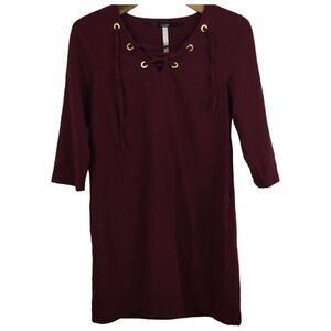 Kensie Lace-Up Neckline 3/4 Sleeve Mini Knit Shift Dress Maroon Wine Small NWT